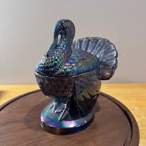 Vtg L.E. Smith Amethyst Carnival Glass Turkey on Nest Candy Dish Iridescent